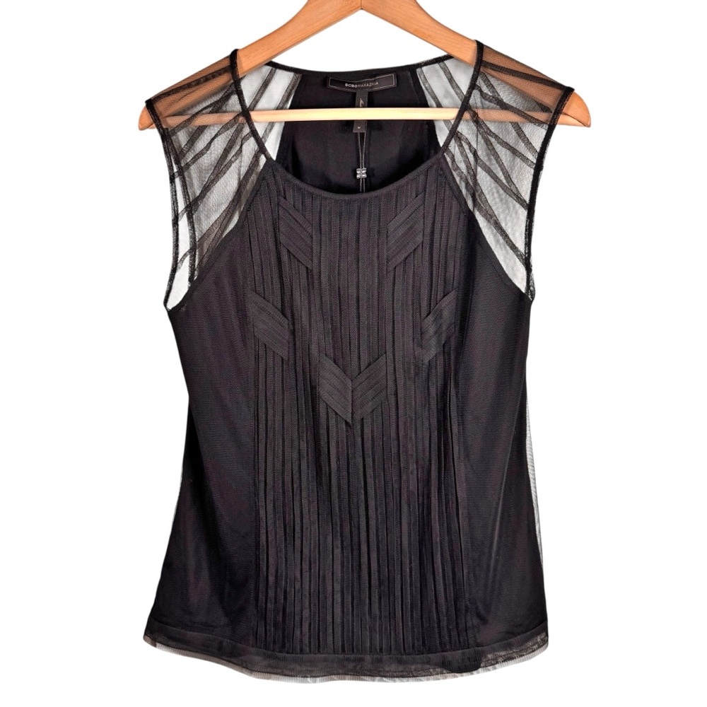 BCBGMaxAzria Black Crystal Basket Weave Tulle Blouse Size Medium NWT Going Out